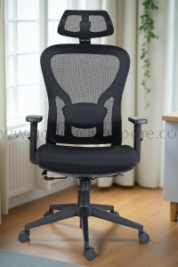 Front view of Mercury ergonomic mesh office chair with high-back design and adjustable headrest