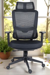 Front view of Omnio ergonomic mesh chair showing adjustable headrest, high-back mesh design, and contoured seat