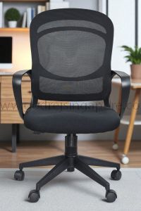 Front view of Saturn ergonomic mesh chair showing adjustable headrest, high-back mesh design, and contoured seat