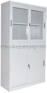 2 TIER STEEL & GLASS SLIDING DOOR CABINET WITH FRAME