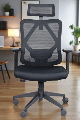 Front view of black ergonomic office chair featuring mesh backrest, adjustable headrest, and padded seat cushion