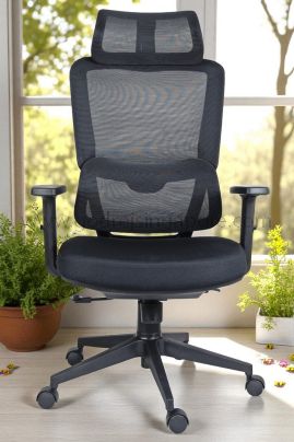 Front view of Omnio ergonomic mesh chair showing adjustable headrest, high-back mesh design, and contoured seat
