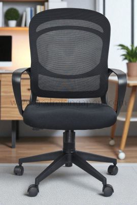 Front view of Saturn ergonomic mesh chair showing adjustable headrest, high-back mesh design, and contoured seat
